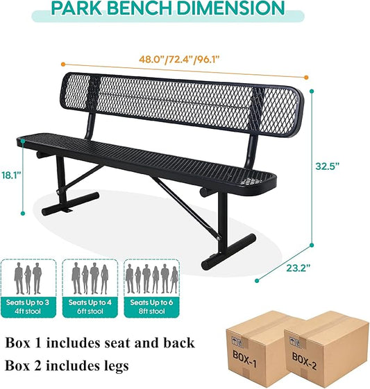 4/6/8 Feet Park Bench for Outside Heavy Duty Metal, Garden Benches Outdoor Bench with Backrest & Portable Frame, for Shopping Malls Stores Parks Patios Decks, Black