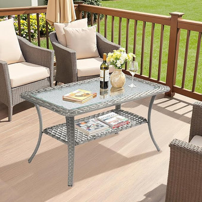 VINGLI Outdoor Coffee Table with Storage Wicker Patio Coffee Table, Tempered Glass Top Coffee Table for Patio Outside Balcony Porch Deck (Grey)
