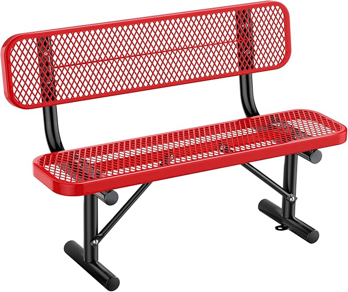 Thermoplastic Coated Iron Park Bench for Outside, Heavy Duty Metal Garden Bench, Expanded Commercial Grade Seating for Shopping Malls, Lawn Yard Porch Entryway (Red with Backrest, 48IN)