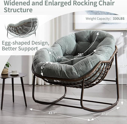 HOMEFUN Outdoor Patio Rocking Chairs, Oversized Papasan Rock Chair Indoor with Striped Velvet Padded Cushion - Rocker Egg Seat for Front Porch, Garden, Patio, Backyard Green
