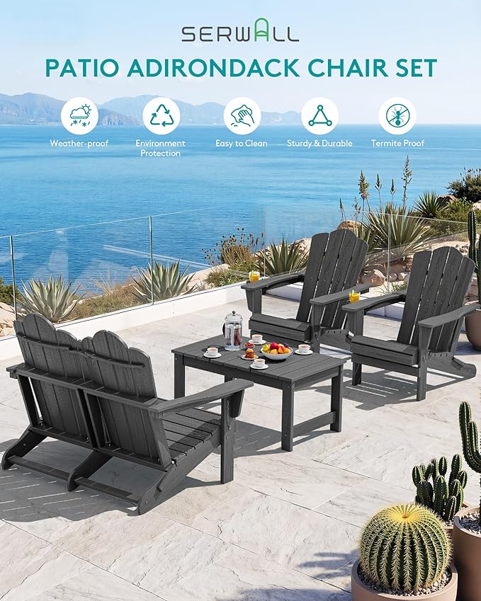 SERWALL 4 Pieces HDPE Patio Adirondack Chair Set, 2 Adirondack Chair with Cup Holder & 1 Adirondack Bench & 1 Coffee Table with Umbrella Hole, Gray