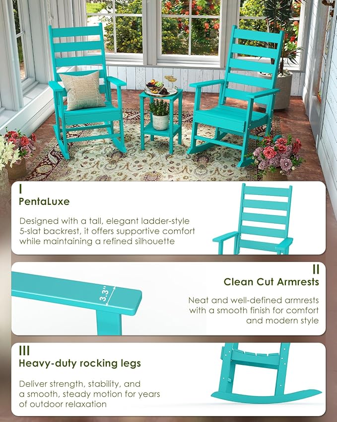 GREENVINES Outdoor Rocking Chairs Set of 2 | HDPE Plastic | Patio-Rocker-Chair | Porch Rocker | Shaker | Oversized | High Ladder Back | Big and Tall | PentaLuxe | Aqua