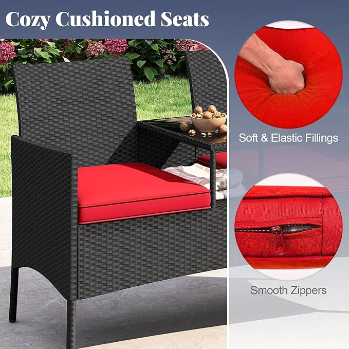 Tangkula Patio Loveseat with Built-in Table, Wicker 2-Seat Furniture with Soft Cushions & Tempered Glass Tabletop, Metal Frame Outdoor Conversation Seating Bench for Backyard, Porch