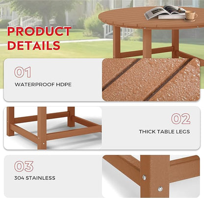 Costaelm Patio Conversation Table, Tatio Accent HDPE Outdoor Weather Resistant, Round Outdoor Porch Balcony Patio Drink Table for Outside, Pool, Backyard, Teak