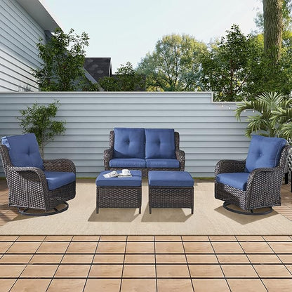 Rilyson Wicker Patio Furniture Set - 5 Piece Rattan Outdoor Sectional Conversation Sets with 2 Rocking Swivel Chairs,2 Ottomans and 1 Loveseat for Porch Deck Garden(Brown/Blue)