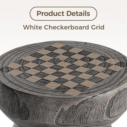 COSIEST Outdoor Side Table with Chessboard, 14'' Round Concrete Lightweight Faux Wooden Multi-Use End Table Garden Stool Log Style Plant Stand for Deck, Patio, Grey