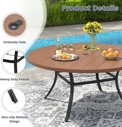 VICLLAX 50" Outdoor Round Patio Dining Table for 4-6, All Weather Metal Dining Table with Umbrella Hole for Deck Lawn Garden Backyard, Walnut