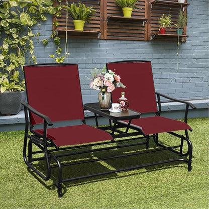 Giantex Outdoor Glider, Rocking Chair with Metal Frame, Center Tempered Glass Table, 2-Person Loveseat, Patio Glider Bench, Outside Swing Chair for Garden Yard Lawn Porch Patio Rocker (Burgundy)