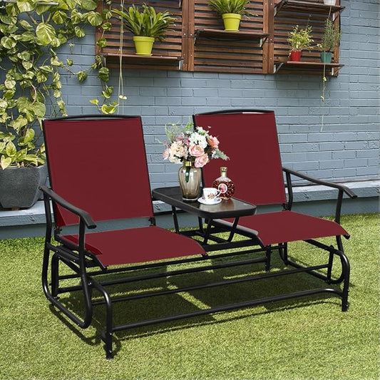 Giantex Outdoor Glider, Rocking Chair with Metal Frame, Center Tempered Glass Table, 2-Person Loveseat, Patio Glider Bench, Outside Swing Chair for Garden Yard Lawn Porch Patio Rocker (Burgundy)