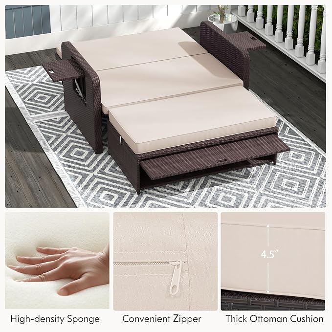Nightcore Wicker Patio Outdoor Daybed, Outdoor Chaise Lounger w/ 4-Level Adjustable Backrest, Retractable Side Trays - Photo 7
