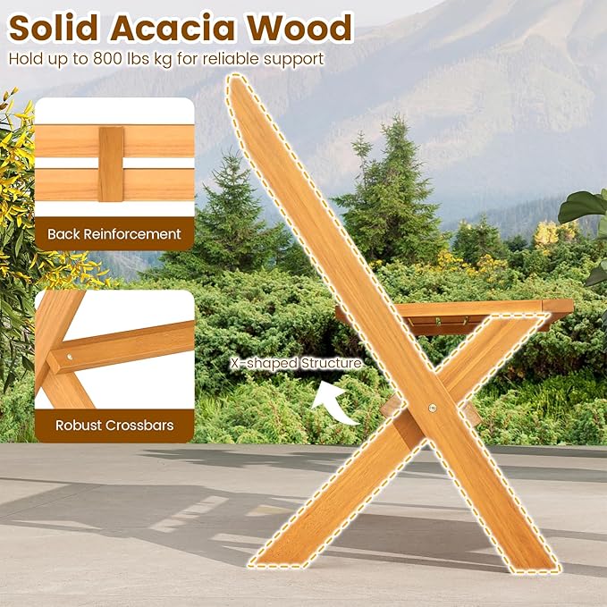 Tangkula Foldable Acacia Wood Outdoor Bench, 2-Person Patio Garden Bench with 800 lbs Capacity, Outside Loveseat Seating for Porch, Balcony, Yard & Park