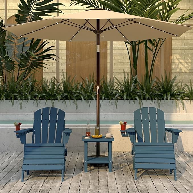 Navy Blue 6-Piece Folding Adirondack Chair Set with Cup Holders, Ottomans, Side Table & Beige 9FT Patio Umbrella with Base, HDPE Outdoor Chairs
