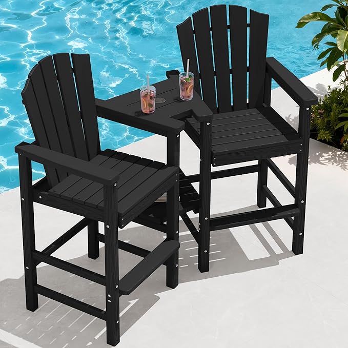 KINGYES Tall Adirondack Chair Set of 2 with Double Connecting Trays, Outdoor HDPE Adirondack Barstools, High Airondack Chair with Wood Grain, Embossed Balcony Chair for Backyard, Black