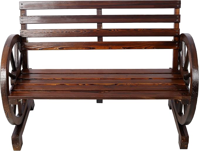 Outdoor Wood Bench, 2-Person Wooden Wagon Wheel Bench for Backyard, Patio, Porch, Garden, Outdoor Lounge Furniture with Rustic Country Design, Slatted Seat and Backrest, Brown (Brown)
