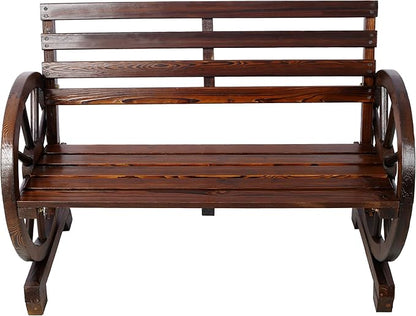 Outdoor Wood Bench, 2-Person Wooden Wagon Wheel Bench for Backyard, Patio, Porch, Garden, Outdoor Lounge Furniture with Rustic Country Design, Slatted Seat and Backrest, Brown (Brown)
