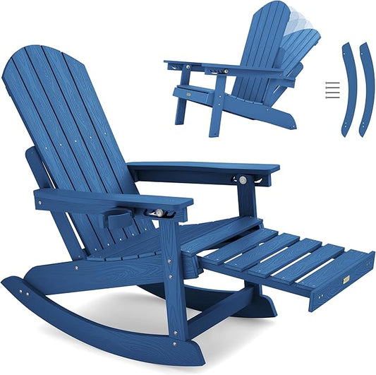 YEFU Adirondack Chairs with Retractable Ottoman: Oversize Adirondack Rocking Chairs - 5-Level Adjustable High Back - Outdoor Rocker with Cup Holder for Porch/Gardens/Lawn/Patio/Backyard/Navy