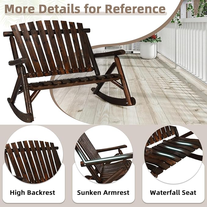 Outdoor Double Wooden Rocking Bench, Adirondack Porch Rocker Chair for 2 Persons, Patio Rustic Log Rocker Loveseat with High Slatted Seat & Backrest for Deck, Backyard, Garden, Carbonized