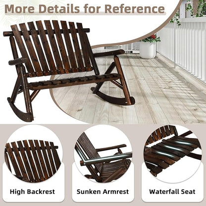 Outdoor Double Wooden Rocking Bench, Adirondack Porch Rocker Chair for 2 Persons, Patio Rustic Log Rocker Loveseat with High Slatted Seat & Backrest for Deck, Backyard, Garden, Carbonized