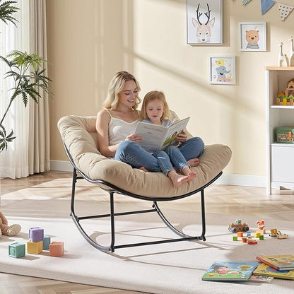 ONBRILL Papasan Rocking Chair with Cushion, Oversized Patio Lounge Rocker, Egg Chair Outdoor Indoor, for Living Room, Porch, Patio, Garden, Beige