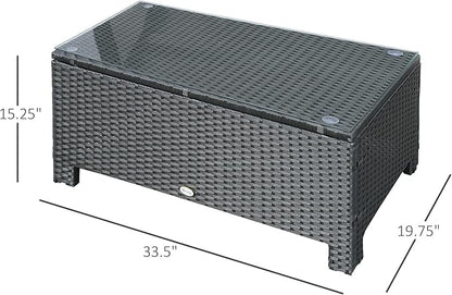 Outsunny Patio Furniture, Wicker Coffee Table, Hand-Woven PE Rattan Side Table with a Tempered Glass Top, 33.5" x 19.75", Black