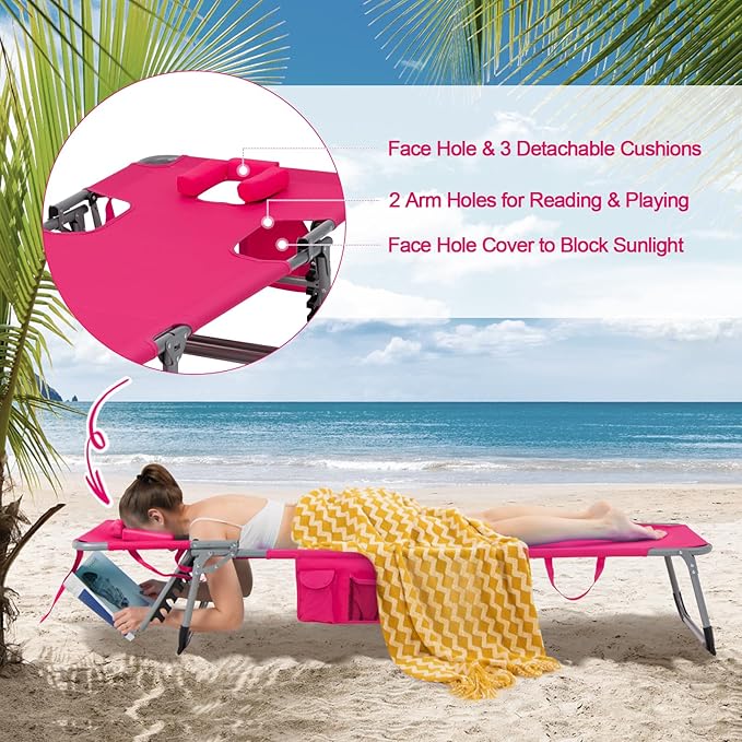 Tangkula Tanning Chair with Face Hole, Patio Folding Adjustable Reclining Beach Sunbathing Lounge Chair with Side Pocket, Portable Face Down Chaise Lounge for Outdoor Backyard Poolside (1)