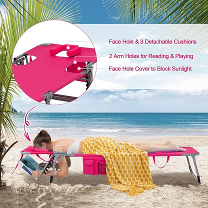 Tangkula Tanning Chair with Face Hole, Patio Folding Adjustable Reclining Beach Sunbathing Lounge Chair with Side Pocket, Portable Face Down Chaise Lounge for Outdoor Backyard Poolside (1)
