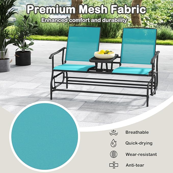 Tangkula 2 Person Swing Glider Chair, Patio Rocking Loveseat w/Center Tempered Glass Table, Outdoor Swing Bench w/Steel Frame & Breathable Mesh Fabric for Porch, Balcony, Poolside (Turquoise)