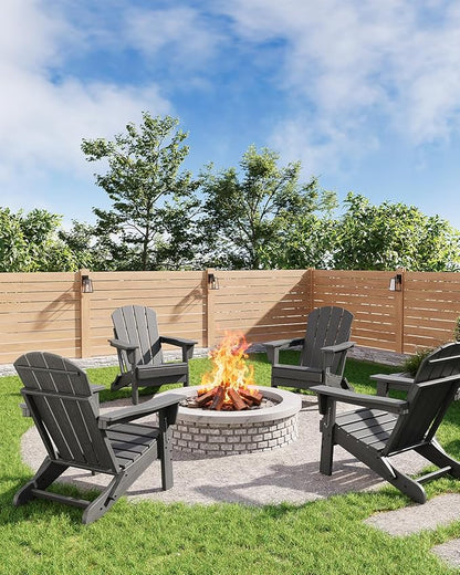 GarveeLife Folding Adirondack Chairs, HDPE Plastic Outdoor Chairs with Wood Texture - 380Lbs & Weather Resistant for Fire Pit, Deck, Patio, Pool, Backyard - Gray