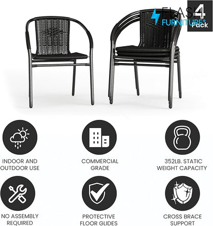 Flash Furniture Lila Modern Rattan Indoor/Outdoor Stackable Dining Chairs, Stacking Rattan Bistro Chairs for Patio or Restaurant, Set of 4, Black