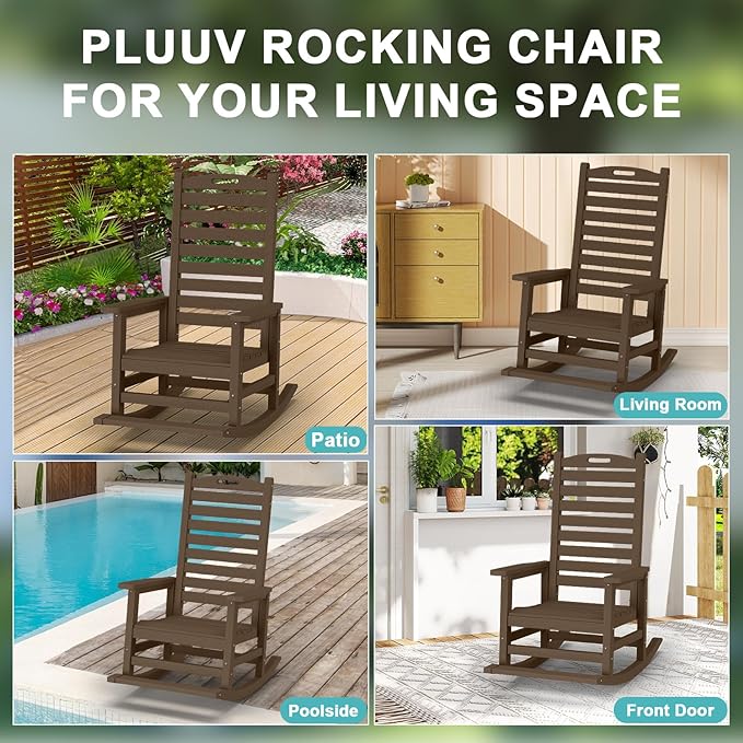 PLUUV Outdoor Rocking Chair with Removable Footboard for Adults, HDPE High Back Patio Rocking Chairs, 330lbs All Weather Porch Rocking Chairs for Outdoor & Indoor -Brown