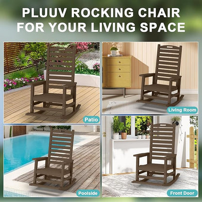 PLUUV Outdoor Rocking Chair with Removable Footboard for Adults, HDPE High Back Patio Rocking Chairs, 330lbs All Weather Porch Rocking Chairs for Outdoor & Indoor -Brown