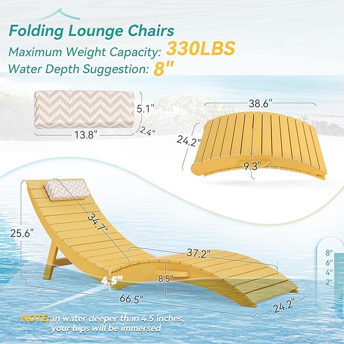 Folding Pool Lounge Chairs, Pre-Assembled HDPS Anti-Floating Lounge Chair with Headrest for in-Pool Use(Max Depth 8-Inches), Ideal for Hotel, Resort, Poolside, Beach & Sun Decks, Yellow