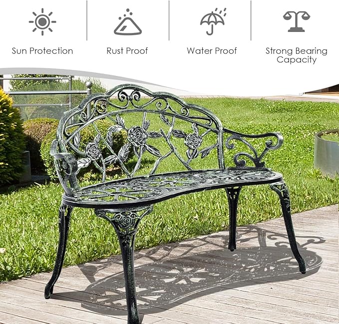Patio Outdoor Park Loveseat Bench for Garden Porch Deck Made Cast Iron Anti-Rust Aluminum Metal, 2-3 Seater (38.5" Inch Aluminum Outdoor Rose Green Bench)