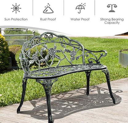 Patio Outdoor Park Loveseat Bench for Garden Porch Deck Made Cast Iron Anti-Rust Aluminum Metal, 2-3 Seater (38.5" Inch Aluminum Outdoor Rose Green Bench)
