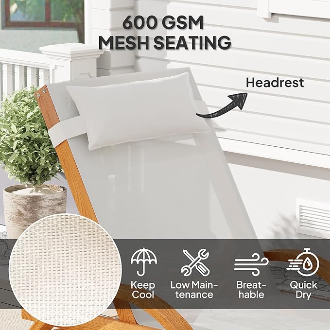 Outsunny Larch Wood Lounge Chair, 4-Level Adjustable Tanning Chair, Full Flat Patio Lounger with Mesh Seat - Photo 6