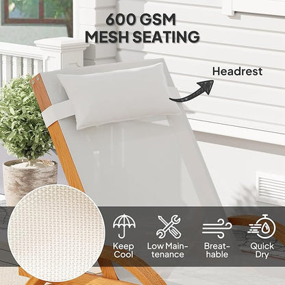 Outsunny Larch Wood Lounge Chair, 4-Level Adjustable Tanning Chair, Full Flat Patio Lounger with Mesh Seat, Outdoor Sun Chaise for Patio Beach, Cream White