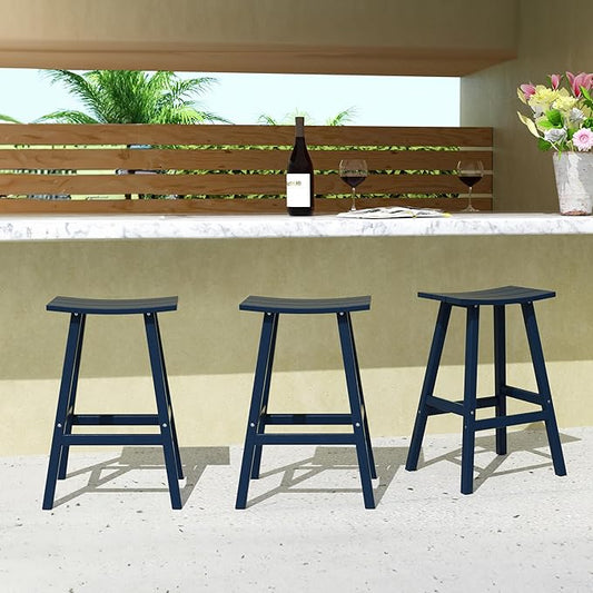 Costaelm All-Weather Bar Stools Set of 3, 29" Height Outdoor Bar Stools, Adirondack Poly Patio Bar Stool for Patio, Deck, Kitchen Counter and Garden, Navy Blue