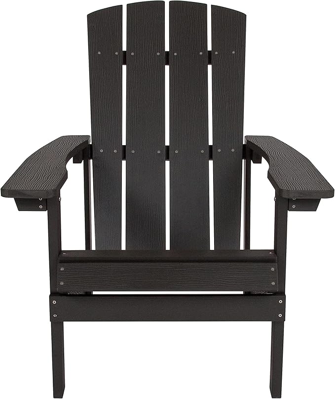 Pemberly Row Farmhouse Faux Wood Adirondack Chair, Slate Gray Finish, Weather-Resistant Polystyrene Frame, Vertical Lattice Back, Wide Arms, UV Protected Outdoor Patio Seating, 350 lb Weight Capacity