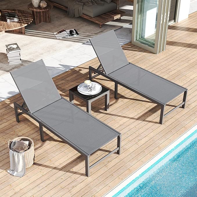 Amopatio Patio Chaise Lounge Set of 3, 24.4" Wider Outdoor Lounge Chairs with Table - Photo 8