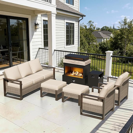 6 Pieces Metal Wicker Patio Furniture Set - 75" Sofa, Two Armchairs and Two Ottomans, One Fireplace All Weather Rattan Outdoor Conversation Furniture with Washable Cushion for Deck Porch, Beige