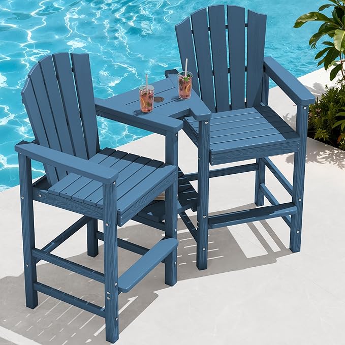 KINGYES Tall Adirondack Chair Set of 2, All-Weather HDPE Outdoor Adirondack Barstools with Double Connecting Trays, Bar High Airondack Chair with Wood Grain, Embossed Balcony Chair for Backyard, Blue