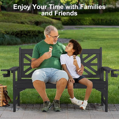 Oversized Outdoor Bench Set of 2, 51.5” HDPE Aesthetic Garden Bench with Cup Holders, Memorial Benches - Easy Assembly & All Weather, for Porch & Patio, 800lbs Load Capacity (Black)