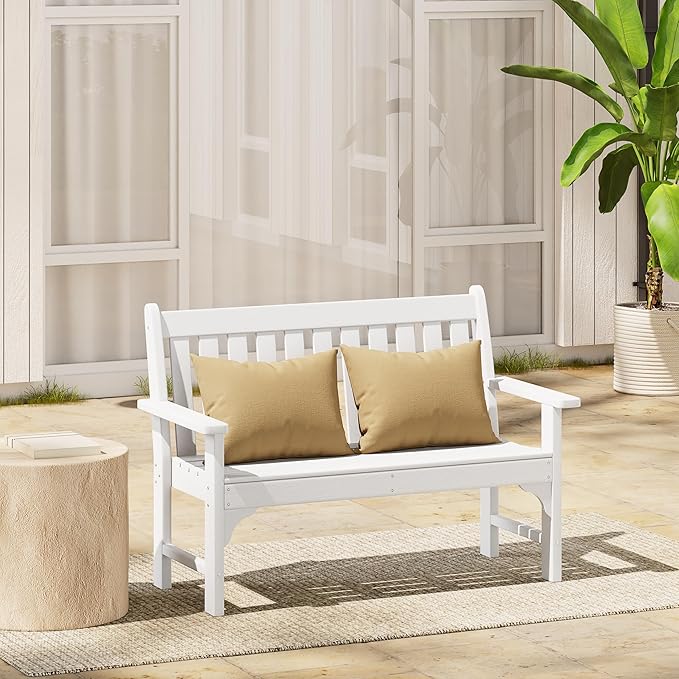 Costaelm Garden Bench, Farmhouse Park Front Porch for Entryway Bench Outdoor Seating Low Bench Patio Bench Outside/Indoor, White