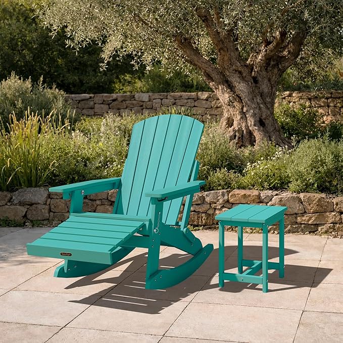 Adirondack Rocking Chair with Retractable Ottoman, 4-in-1 Foldable Reclining Patio Chair, HDPE Wood-Look Outdoor Rocker for Porch, Garden & Poolside, Lake Blue