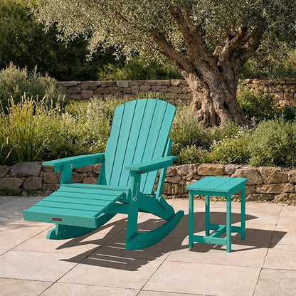 Adirondack Rocking Chair with Retractable Ottoman Set of 4, 4-in-1 Foldable Reclining Patio Chair, HDPE Wood-Look Outdoor Rocker for Porch, Garden & Poolside, Lake Blue