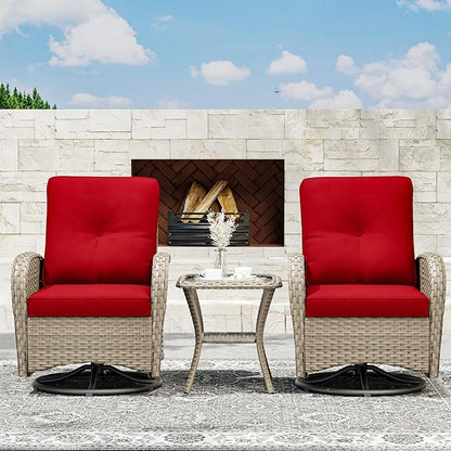 Joyside Outdoor Swivel Rocker Chairs, 3 Piece Wicker Patio Set with Thickened Cushions, High Back, Deep Seating, Wide Armrest, Outdoor Swivel Chairs for Porch, Deck
