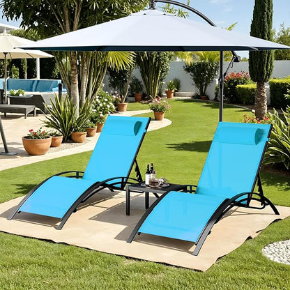AthLike 3 pcs Poolchairs Patio Chaise Lounge Set with Headrest, 5-Level Adjustable Sunbathing Tanning Poolside Recliner Chairs with Side Table for Outdoor Beach (Blue)