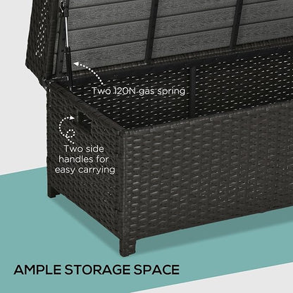 Outsunny 38 Gallon Outdoor Wicker Storage Bench Deck Box, PE Rattan Patio Furniture Pool Storage Bin Container with Interior Waterproof Cloth Bag and Comfortable Cushion, White