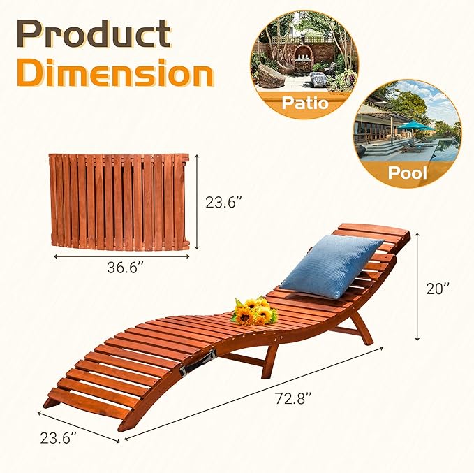 Greesum Wood Folding Chaise Lounge Chair, Weatherproof Extended Sun Lounger with Adjustable Headrest for Patio - Photo 2