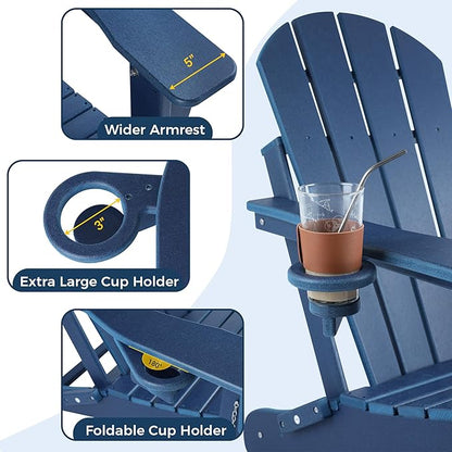 Magpie Fabrics Foldable Adirondack Chair with Cup Holder, HDPE Weather Resistant Oversize Outdoor Chair, Widely Used in Patio, Fire Pit, Deck, Porch, Garden, Campfire (Navy Blue)